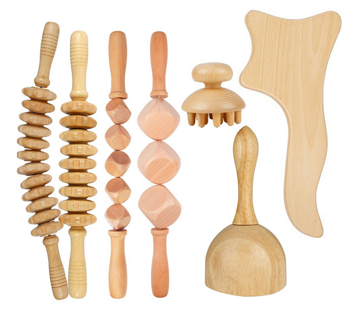 7 pcs Anti Cellulite Massage Set, Wooden Roller Lymphatic Drainage Tool