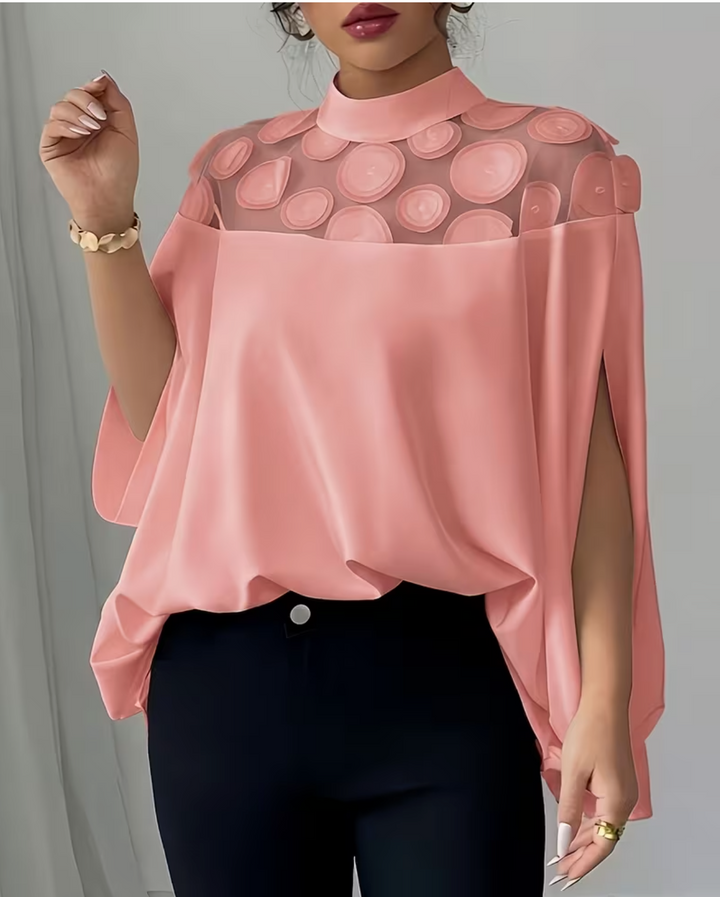 Plus Size, Simple and Stylish Plus-size Women's Stand-up Collar Mesh Patchwork Top with Loose Fit and Split Sleeves for Spring/summer, Suitable for Commuting, Dating, and Daily Outings,