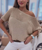 Women's Hollow Out Loose Fit Asymmetric Neck Knit Top, Suitable For Summer Vacation Spring