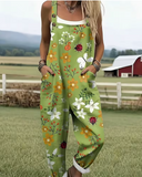 Spring/Summer Floral Print Pocket Loose Fit Adjustable Suspender Overalls-D46