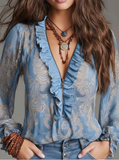 Vintage Design Elegant Vacation Style Baroque Paisley Pattern Ruffle Zipper Chiffon Blouse