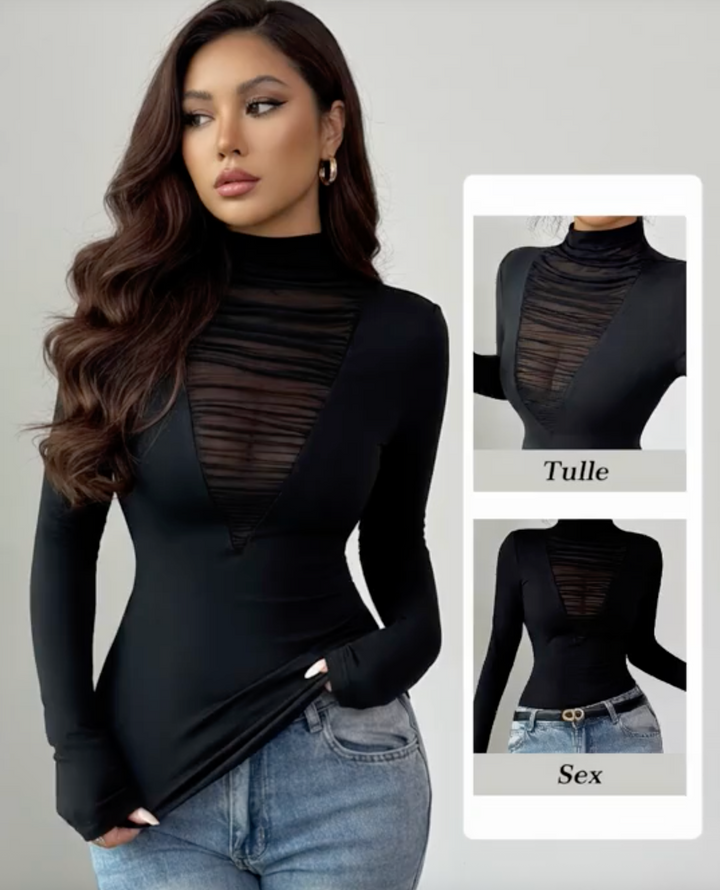 legant Black Long Sleeve Sheer Mesh Panel Women T-Shirt High Neck Casual Top Going Out Black Top Work Outfits For Women