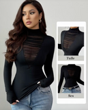 legant Black Long Sleeve Sheer Mesh Panel Women T-Shirt High Neck Casual Top Going Out Black Top Work Outfits For Women