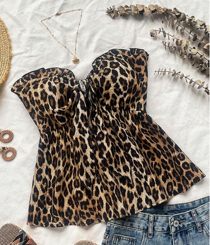 Women's Vacation Leopard Print Ruffle Splice Tie-Front Bow Blouse,Fall Women Clothes,Halloween Customs