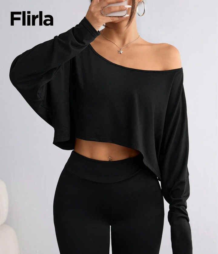 Flirla Women's Casual Solid Color Batwing Cropped T-Shirt, Spring/Autumn Fall Cloth For Women