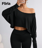 Flirla Women's Casual Solid Color Batwing Cropped T-Shirt, Spring/Autumn Fall Cloth For Women
