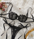 Seduluxe 2pcs Women Embroidery Bow Detail Sexy Lingerie Set