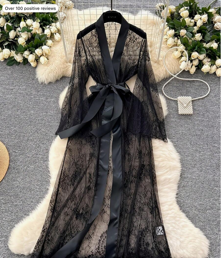 Sexy And Elegant Long Robe With A Belt, Lace Patchwork Coat Dress, Gauze Patchwork Elegant Nightgown,