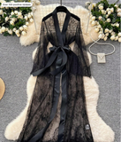 Sexy And Elegant Long Robe With A Belt, Lace Patchwork Coat Dress, Gauze Patchwork Elegant Nightgown,