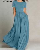 HUTENER Tie-Waist Maxi Dress, Flowy Slimming Vintage Elegant Commuter Versatile Long Dress Summer