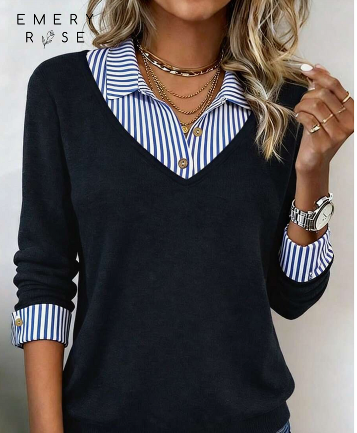 EMERY ROSE Women Casual 2 In 1 Patchwork Top, Versatile For Daily Wear