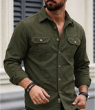 Men's Solid Color Casual Cargo Shirt, Long Sleeve Button Collar Double Pocket Military Style Slim Fit Top, Suitable