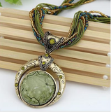 1pc Elegant Bohemian Necklace - Green Marble-like Stone Pendant with Golden-Tone Alloy Chain