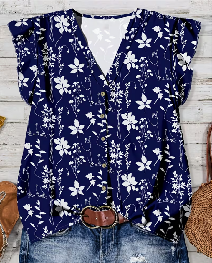 Women's Blue Floral Print Casual Shirt, a Chic Summer Blouse Perfect for Outings