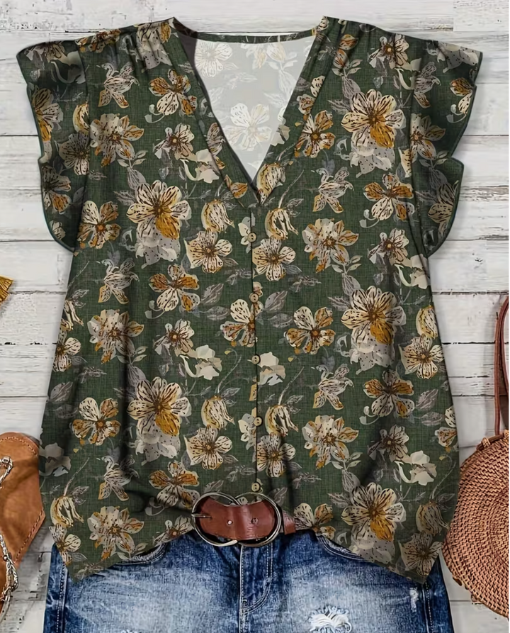 Women's Vintage V-Neck Blouse with Short Bell Sleeves & Floral Print