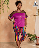 EMERY ROSE Plus Size Women 2pcs Set - Mesh Patchwork Short Sleeve Top And Leggings