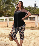 EMERY ROSE Plus Size Summer Casual Mesh Patchwork Batwing Sleeve Top And Capri Pants 2 Pieces