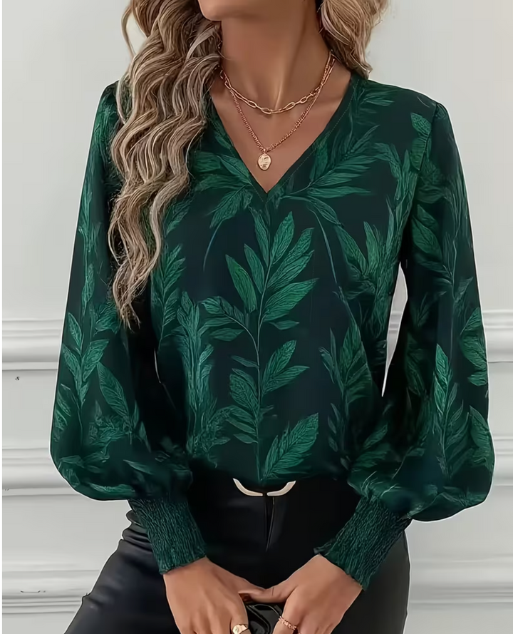 Elegant Lantern Sleeve Printed Top for Women, Versatile Autumn Wear, Fashionable Women'S Clothing