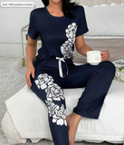 Round Neck Short Sleeve Floral Printed Top And Bowknot Decorated Long Pants Pajama Set
