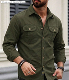 Men's Solid Color Casual Cargo Shirt, Long Sleeve Button Collar Double Pocket Military Style Slim Fit Top,