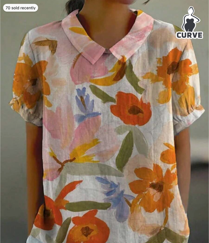 Plus Size Women Floral Woven Button-Up Blouse With Collar, Short Sleeves And Handy Pocket, Vintage Boho