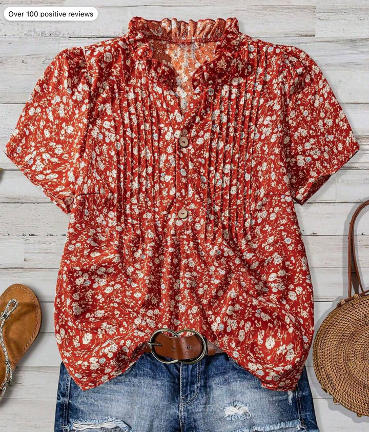 Women's Floral Print Frill Trim Button-Up Collared Blouse, Vacation Wear Summer