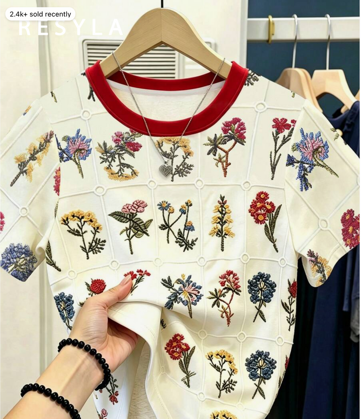 Resyla Women's Casual Floral Print Round Neck Short Sleeve T-Shirt, Summer