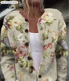 SHEIN LUNE New Women Button Flower & Leaf Print Cardigan, Thin Round Neck Long Sleeve Casual