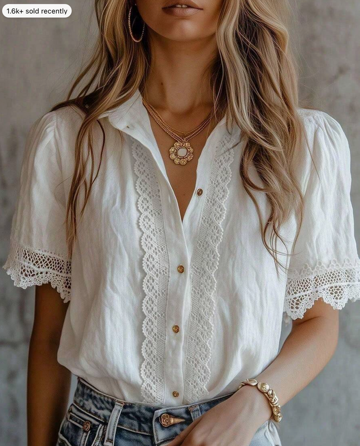 Elegant Women's Solid Color Embroidered Hollow-Out Lace Patchwork Blouse, Suitable For Home