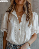 Elegant Women's Solid Color Embroidered Hollow-Out Lace Patchwork Blouse, Suitable For Home