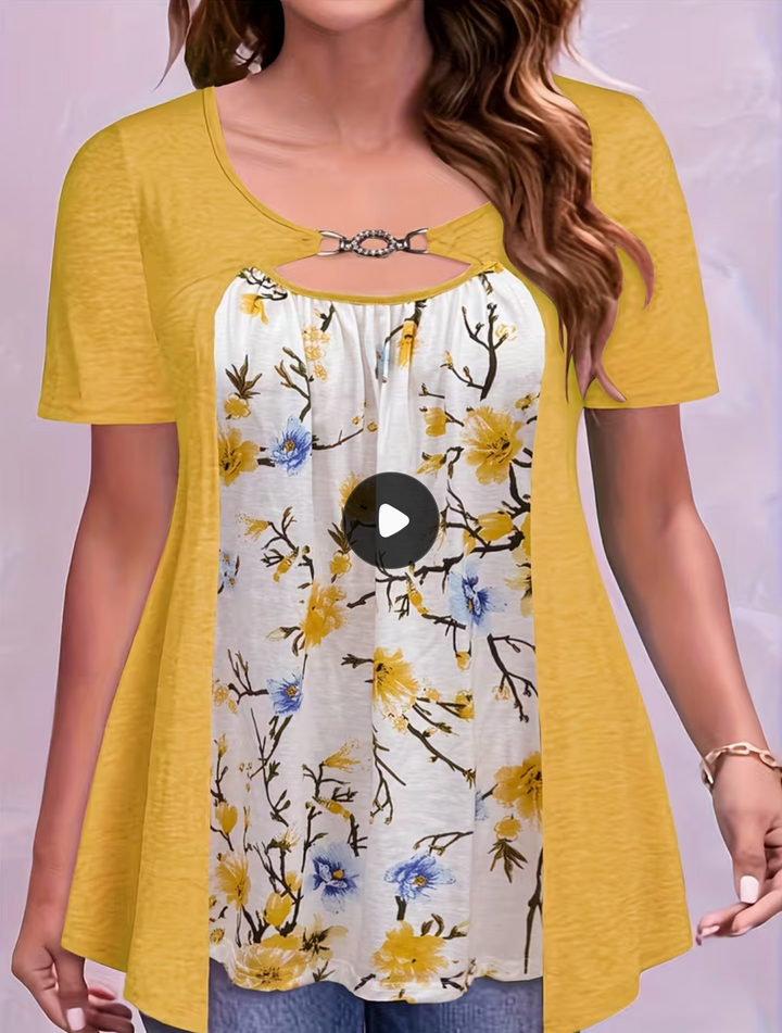 Women's Plus Size Floral Print Top with Keyhole Detail - Casual Short Sleeve,