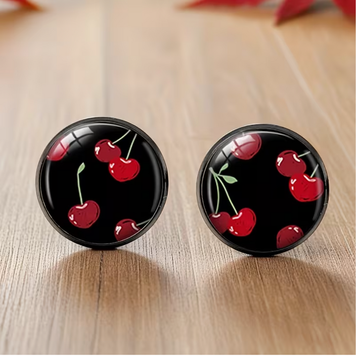1 Pair Red Cherry Black Stud Earring Round Glass Cabochon Earrings Handmade Jewelry, Without Battery