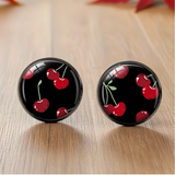 1 Pair Red Cherry Black Stud Earring Round Glass Cabochon Earrings Handmade Jewelry, Without Battery