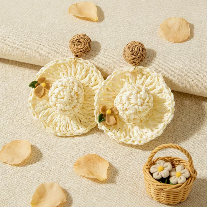 1 Pair IMOLI Women' Plated Raffia Woven Earrings - Hat-Shaped Pendant with Geometric Flower Drop, Suitable for Parties, Banquets, Year-Round Wear, Elegant Gift for Weddings, Proms, Special Occasions ( Ear)