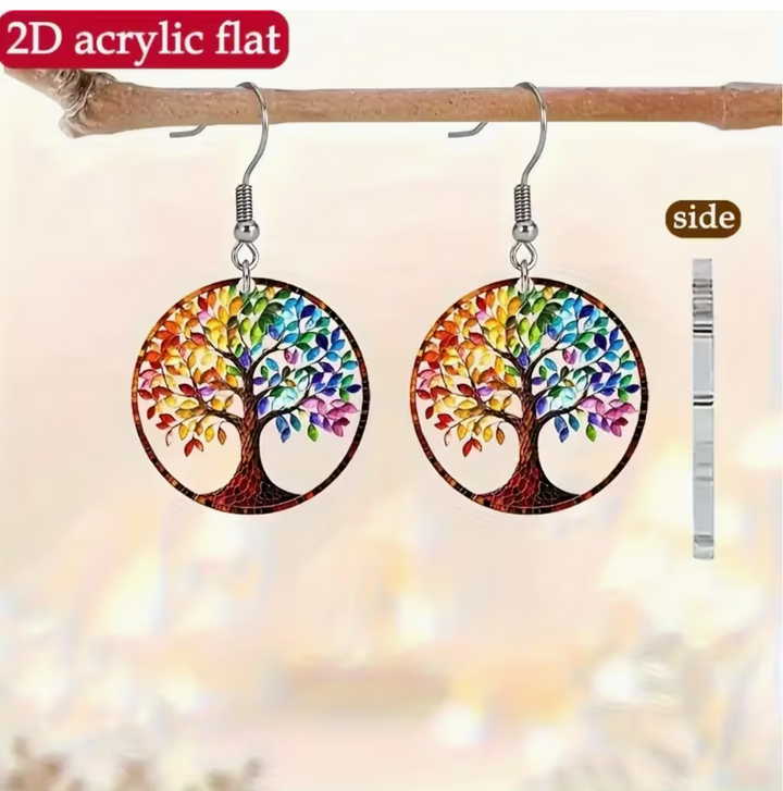 2D Flat, Pair of Women's Vintage Tree of Life Pendant Earrings - Multicolor Acrylic Statement Jewelry with Branch and Leaf Design, Brown Trunk and Soft Colors Pink, Blue, Green, Yellow, Orange, Red, Purple - Casual Wear and Christmas Gift, Winter
