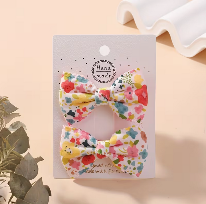 2-Pack Bohemian Floral Print Hair Clips - Pastel Flower Bow Hairpins for Teens & girls, Soft Polyester Hair Accessories for Ponytails, Braids & Casual Attire