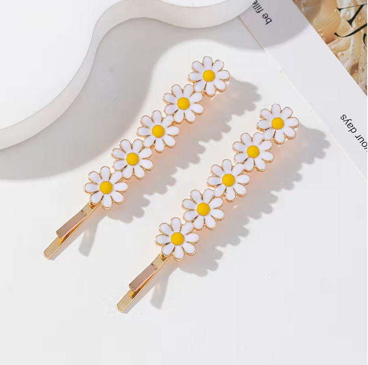 A Set of 2 Daisy Alloy Flower Enamel Hair Clips, Fashionable and Fresh Women's Straight Hair Clips for Bangs and Side Hair