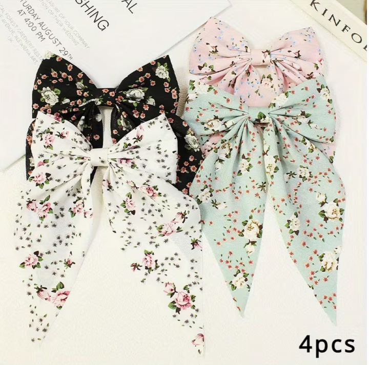 4 Multicolor Fabric Floral Ribbon Bow Hair Clips in a Rustic Style