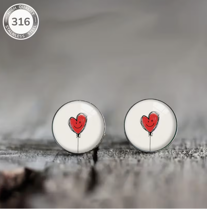 1-Pair Stainless Steel Ear Studs - Minimalist Heart Balloon design, Everyday & Party Jewelry - Unisex Gift for Women/Men - Christmas, Anniversary, Birthday Present - Year-Round Elegant Accessories, Romantic Accessory, Polished Metal, Stylish Studs