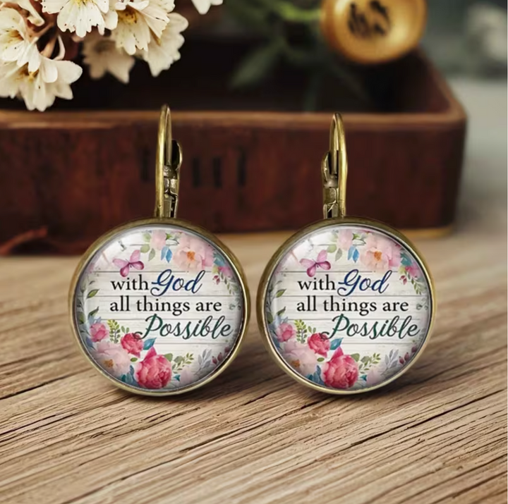 A Pair of Vintage Watercolor Floral Design Round Earrings, Inspired by The Quote 'With God, All Things Are Possible', Perfect for Everyday Wear Or As a Gift, Without Battery