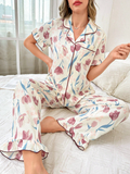 CottageSlumber Romantic Floral Print Chiffon Ruffle Collar Single Breasted Short Sleeve Top & Pants Pajama Set