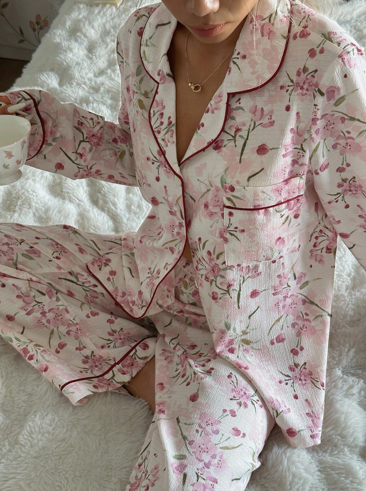 CottageSlumber Floral Print Contrast Piping PJ Set Light Pink Pajama Set Pink Floral Pajama Set Floral Pj Set Vintage Pajama Set