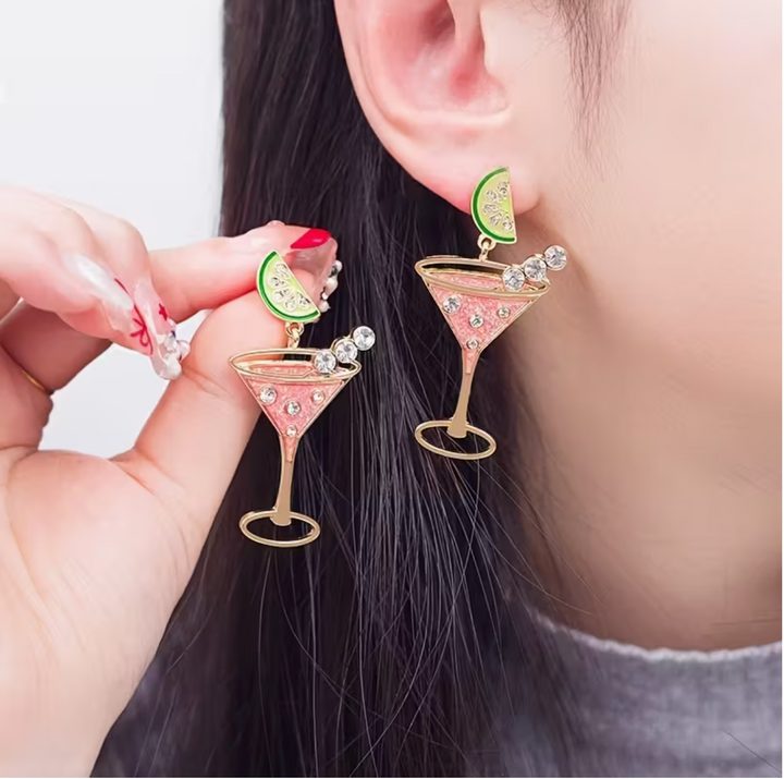18K Golden Plated Watermelon Martini Glass Drop Earrings with Rhinestones, Cute Vacation Style Zinc Alloy Jewelry, Stainless Steel Ear Needle, Non-Feather, for Party & Holiday - Valentine's Day Gift, Suitable for All Seasons
