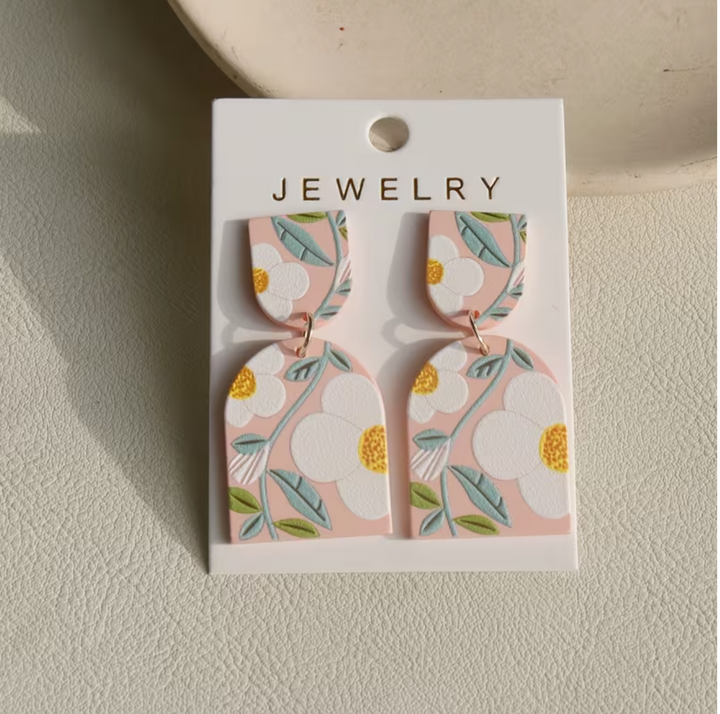 1 Pair Women’s Pink Floral Print Acrylic Dangle Earrings – Cute Retro Rectangular Design with Soft Clay Finish, Perfect for Casual Attire or Parties, Y2K Inspired Gift, Cute Earrings