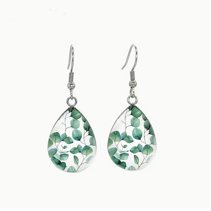 A Pair of White Eucalyptus Branch Drop Earrings, Featuring Eucalyptus Leaf Designs. Suitable for Casual Attire, Party Accessories, and as Gifts for Family/friends