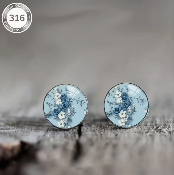 1 Pair of Blue And White Rose Pattern 316 Stainless Steel Ear Studs, Elegant And Classic Style Men'S And Women'S Daily Holiday Wear Earrings Christmas Gifts