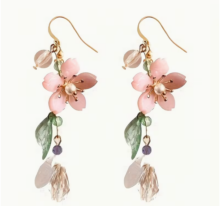 Floral Pink Cherry Blossom Dangle Earrings With Imitation Pearl Accents, Summer Breeze Pastoral Style, Classic Festive Ear Jewelry For Seaside Holidays