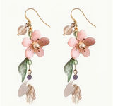 Floral Pink Cherry Blossom Dangle Earrings With Imitation Pearl Accents, Summer Breeze Pastoral Style, Classic Festive Ear Jewelry For Seaside Holidays