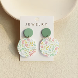 1 Pair Women'S Spring And Summer Small Pink Flower Small Yellow Flower Branch Leaf Print Light Green Head Pottery Quality Elegant Temperament Fresh Round Acrylic Ear Studs