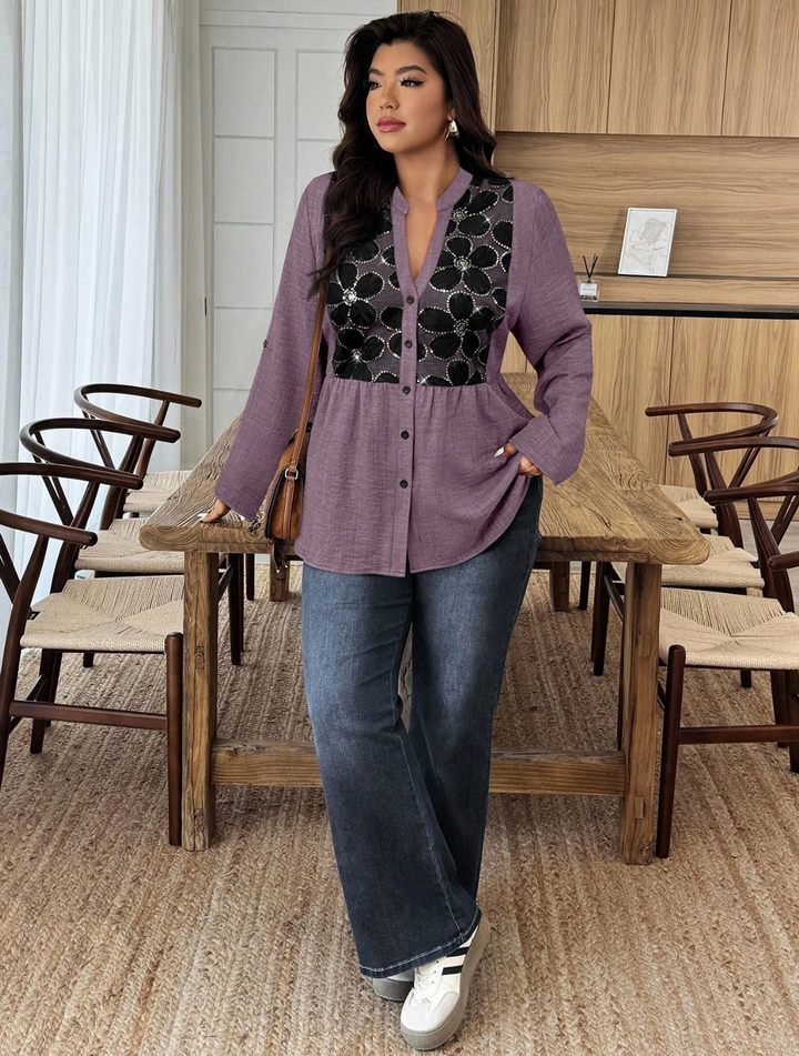 Weeklong Plus Size Women Floral Sequin V-Neck Ruffle Sleeve Single-Breasted Fashion Shirt